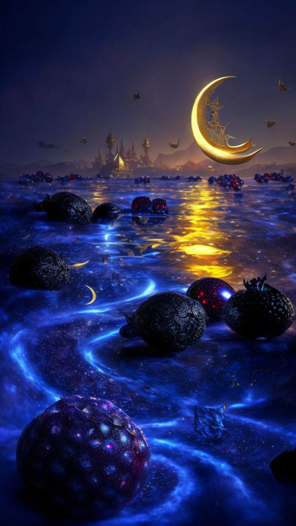 Nighttime seascape with crescent moon, bioluminescent water, exotic fruits, and distant