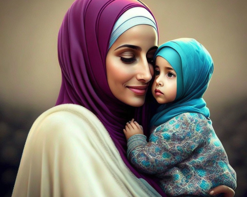 Woman and child in hijabs sharing a tender embrace