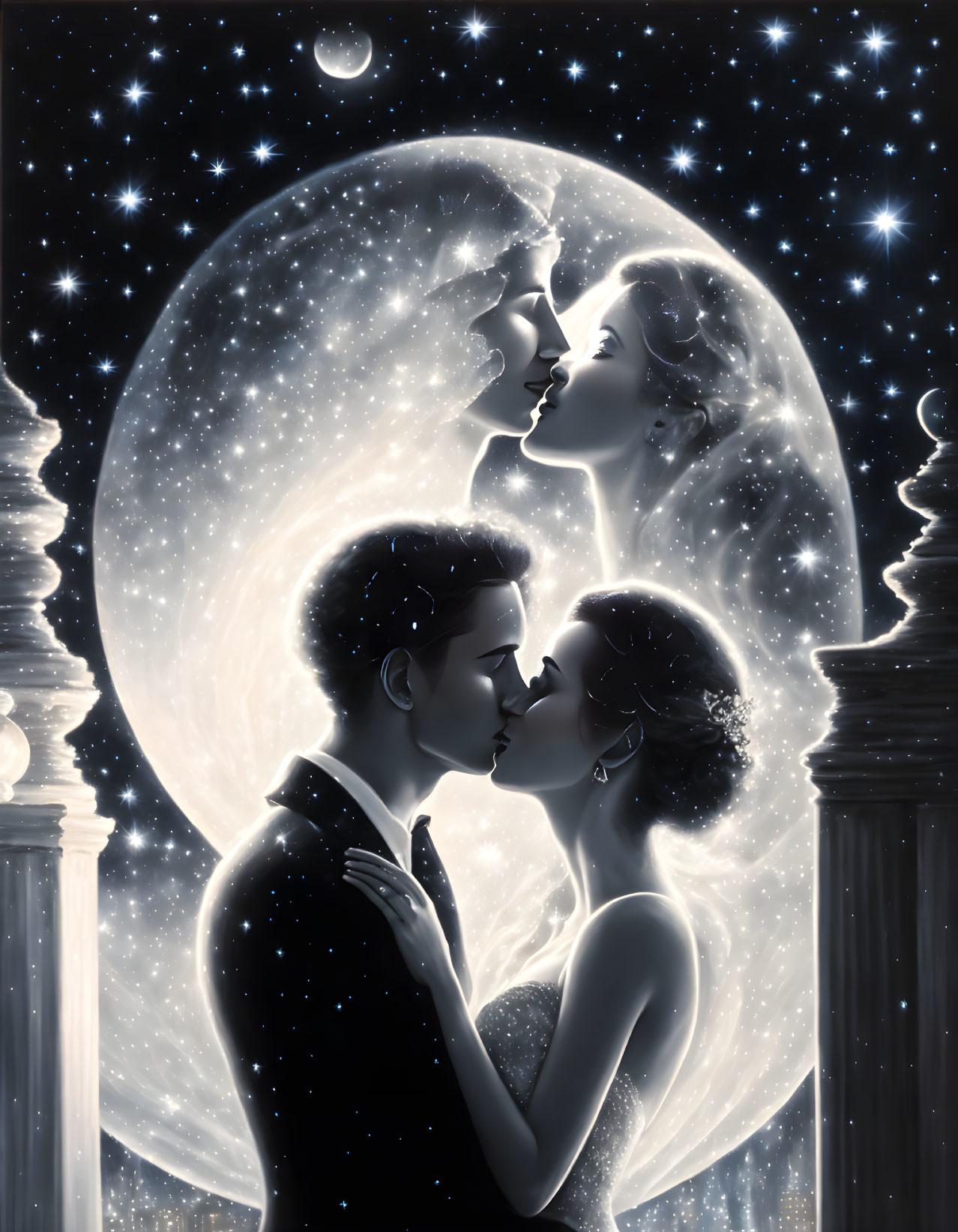 Couple about to kiss under moonlit sky and classical pillars