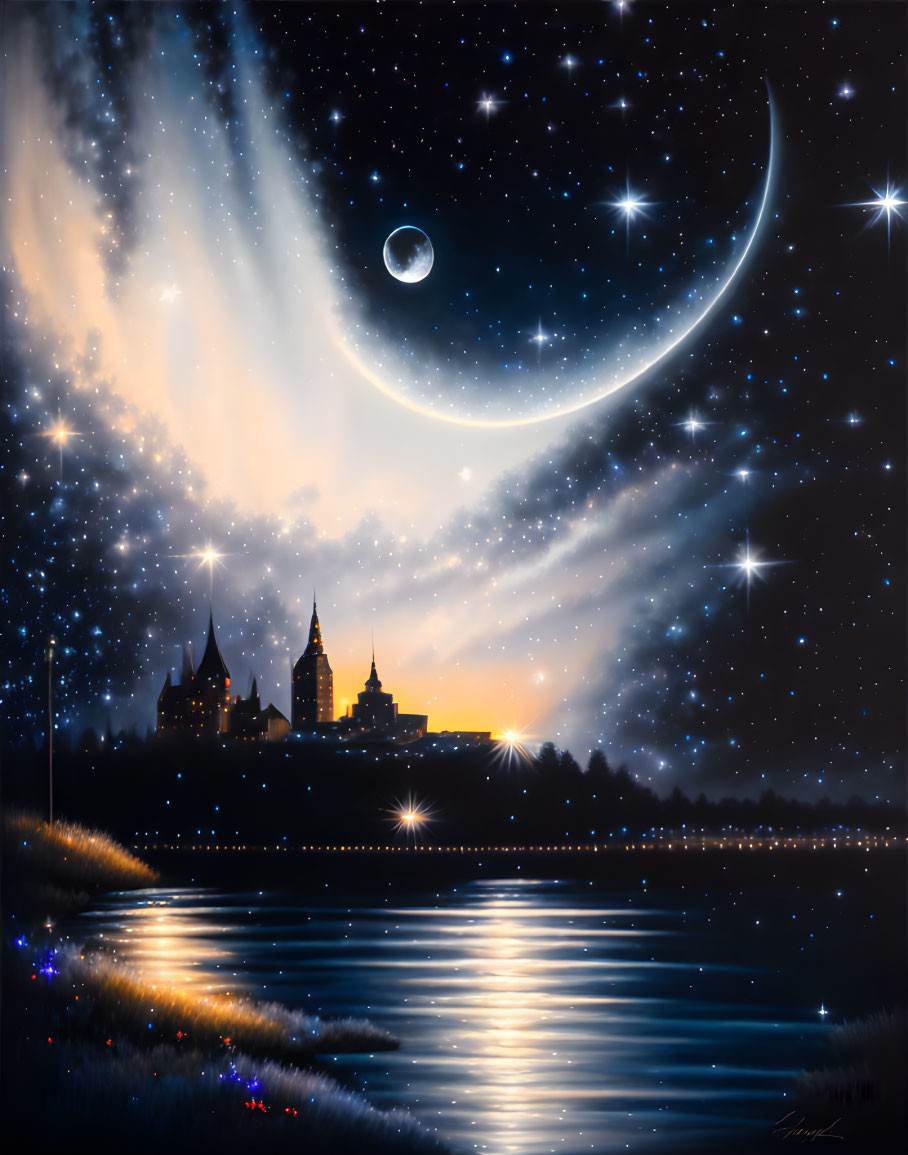 Fantasy nightscape with crescent moon, stars, meteor, castles, lake, and flora
