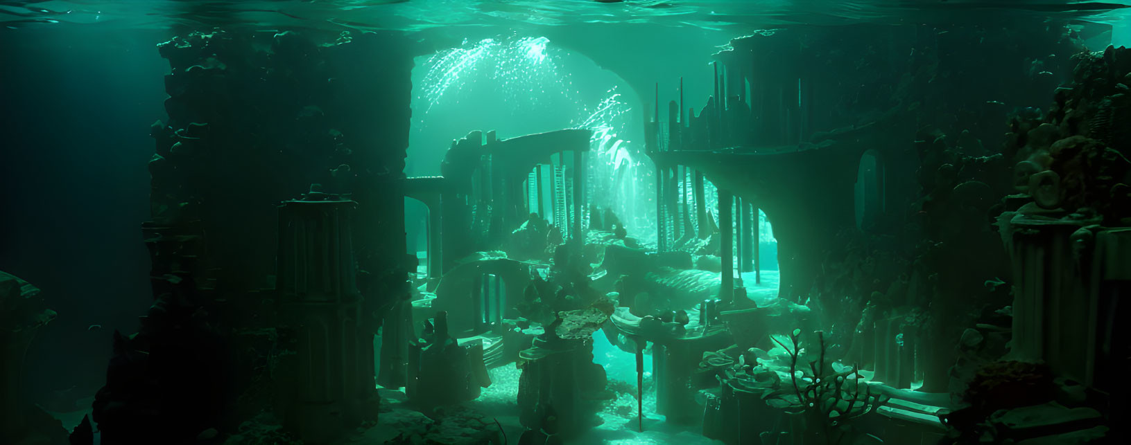 Ancient underwater ruins with greenish illuminated columns and arches