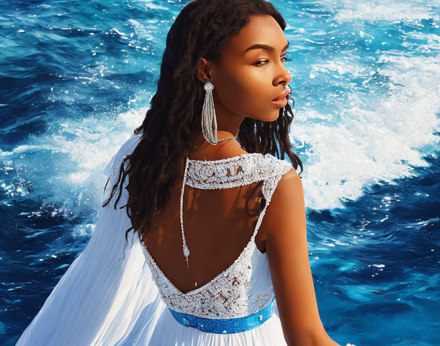 Woman in White Dress with Blue Belt and Sparkling Earrings by Blue Sea Waves