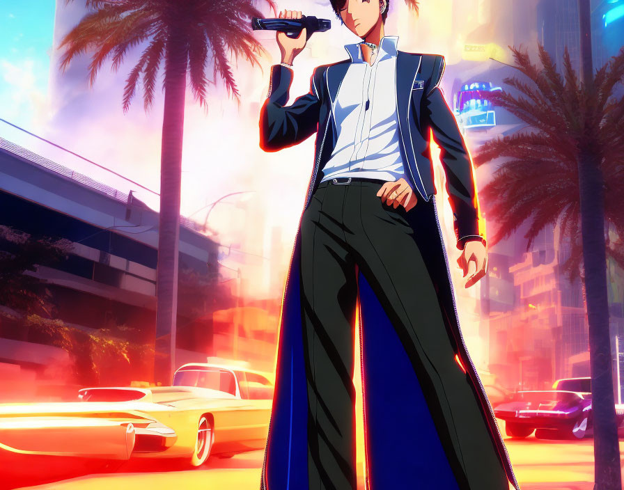 Animated character with gun in vibrant cityscape & vintage cars