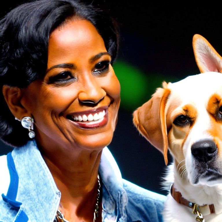 Smiling woman with short dark hair beside focused beagle dog