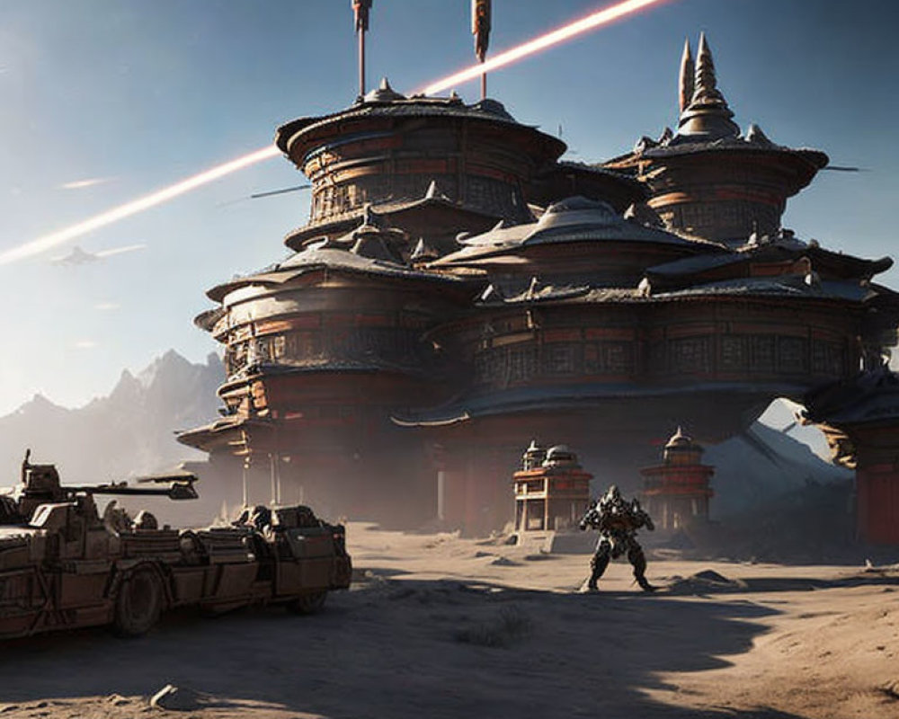 Tiered Asian-style buildings under attack with red laser beams, armored vehicles, and mountains.