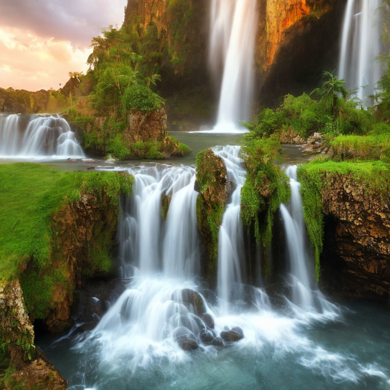 Scenic waterfalls in lush greenery at sunset
