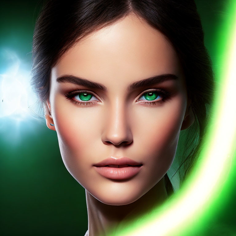 Close-Up Portrait of Woman with Striking Green Eyes and Flawless Makeup