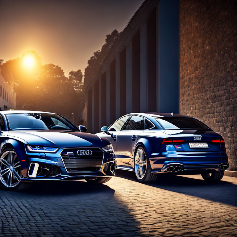 Two parked Audi cars under golden sunlight with modern building.