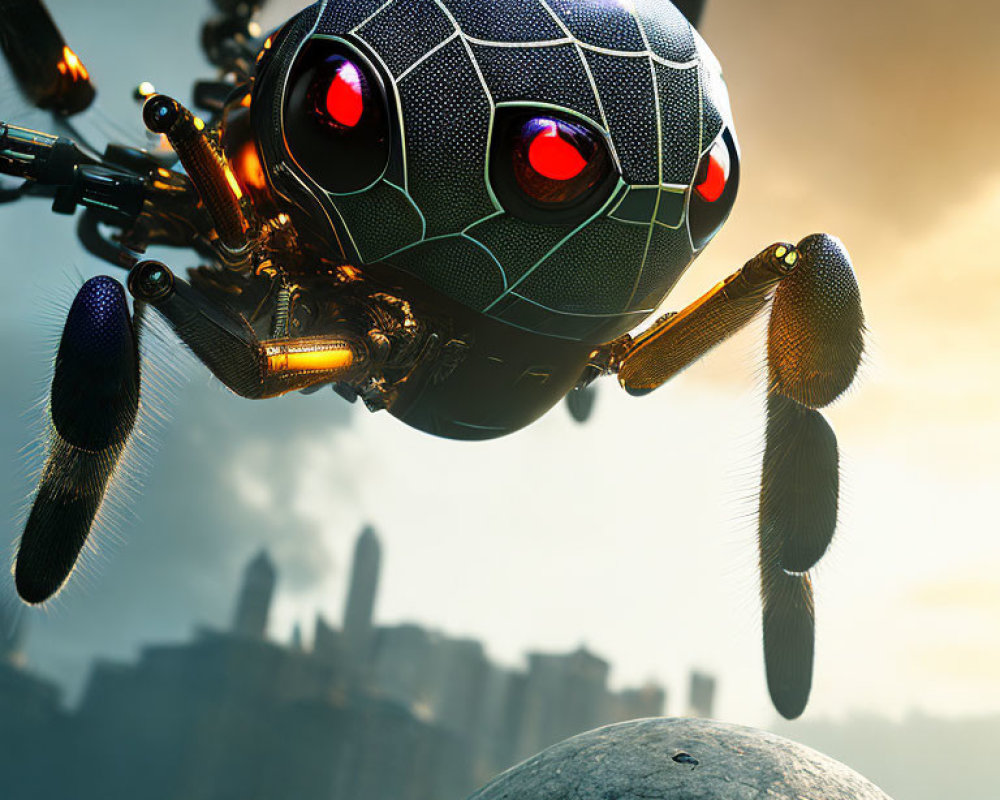Detailed robotic bee hovers over rocky surface with red eyes, blurred city skyline.