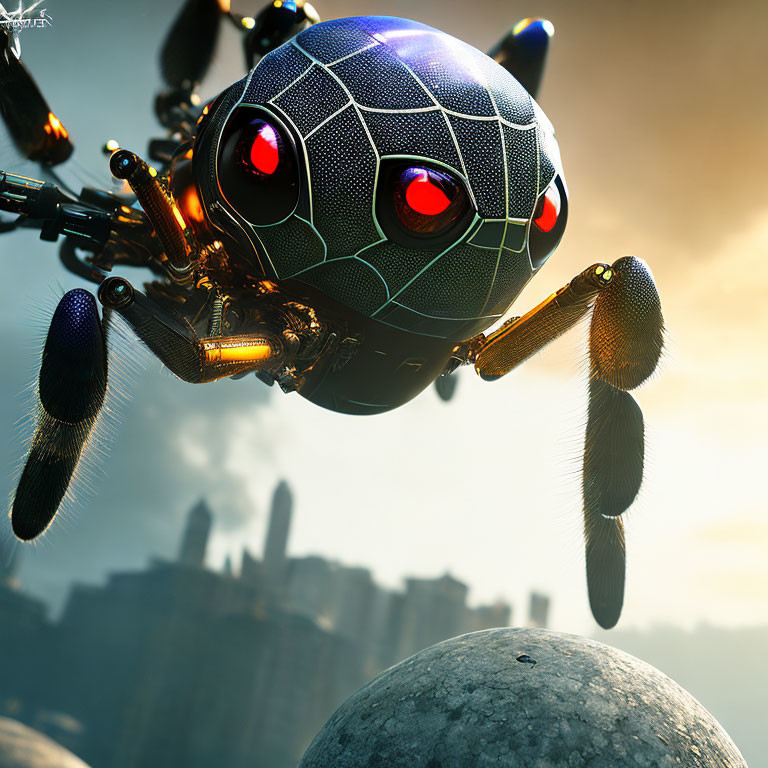 Detailed robotic bee hovers over rocky surface with red eyes, blurred city skyline.