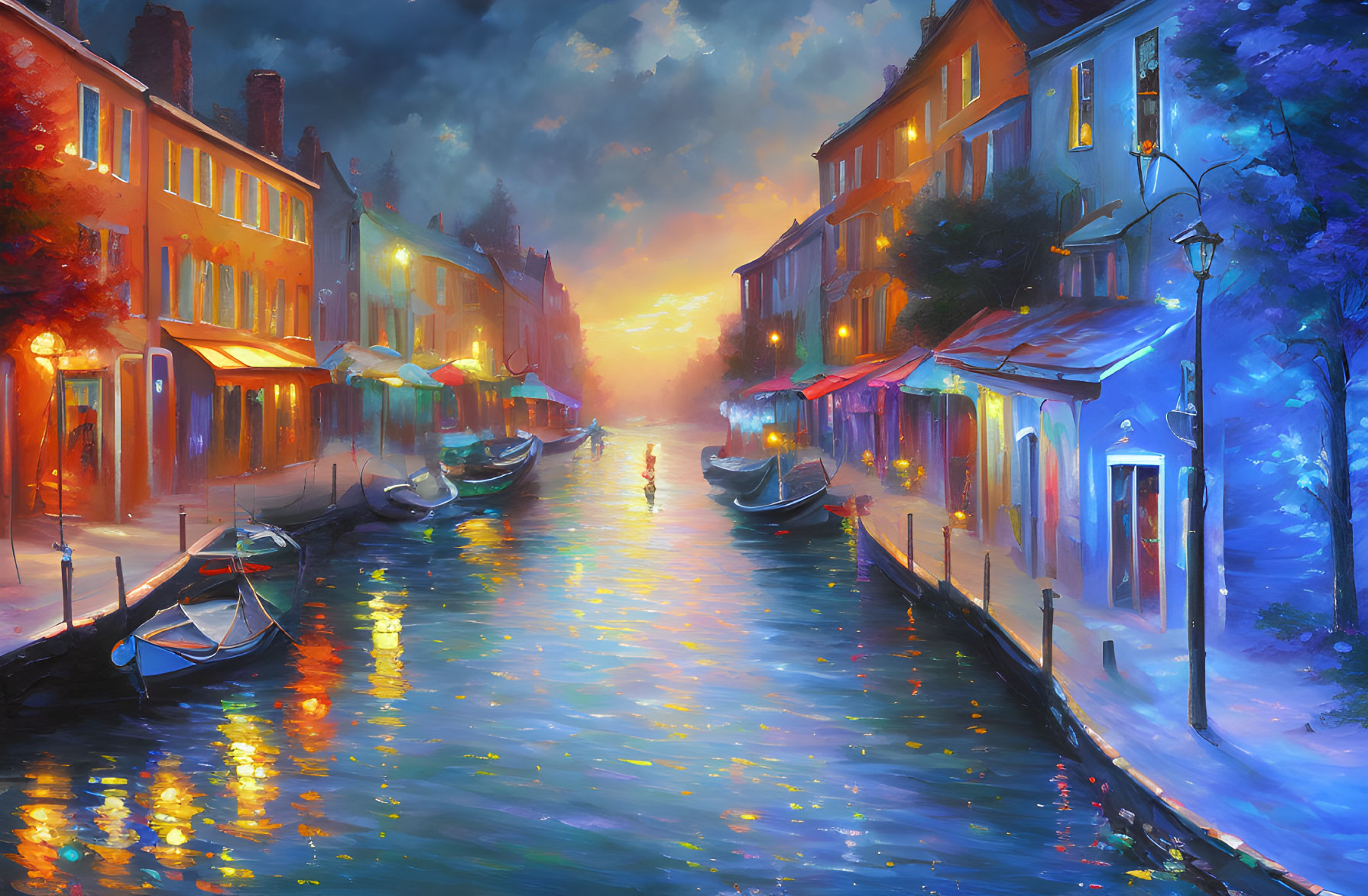 Venetian canal painting at sunset with gondolas and illuminated buildings