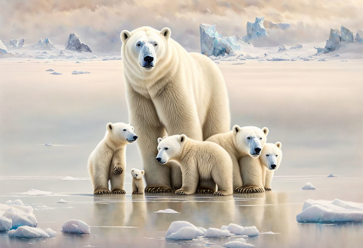 Female polar bear with cubs