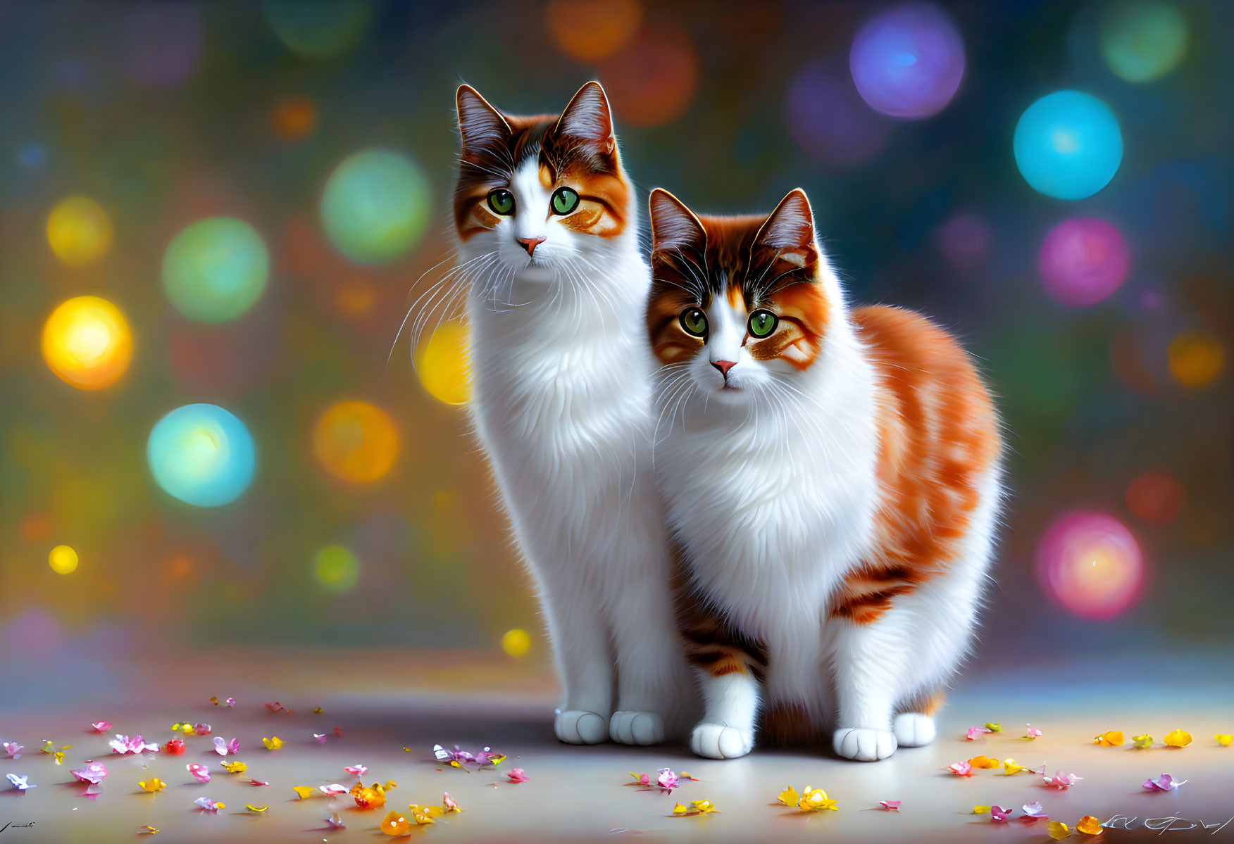 Vibrant animated cats with orange and white fur in floral setting