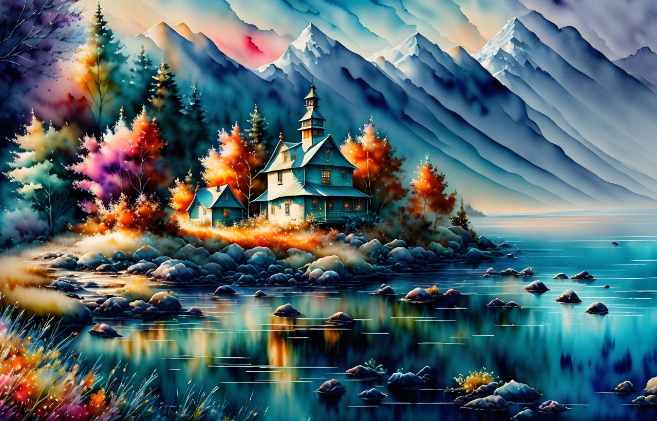 Tranquil autumn scene with lake, foliage, house, and lighthouse nestled among misty mountains