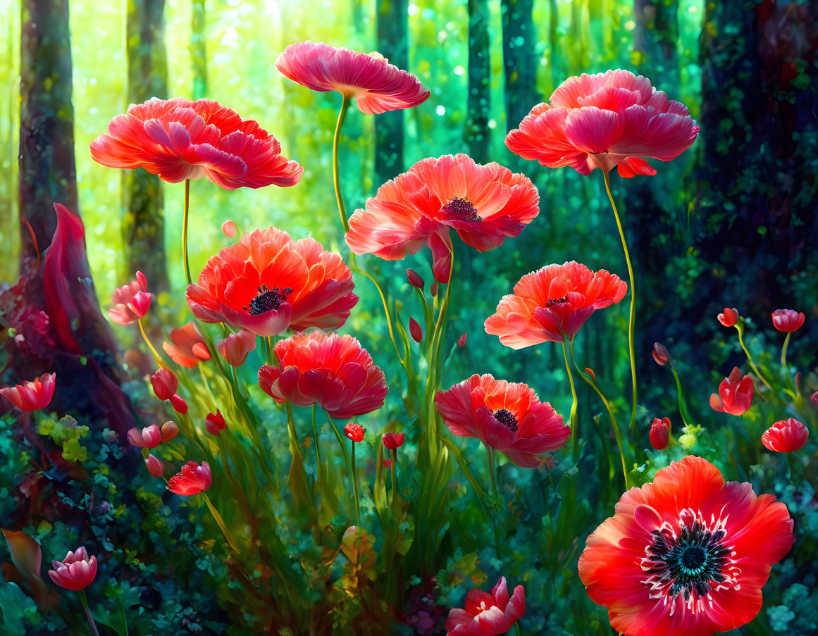 Bright red poppies in sunlit forest with vivid green foliage