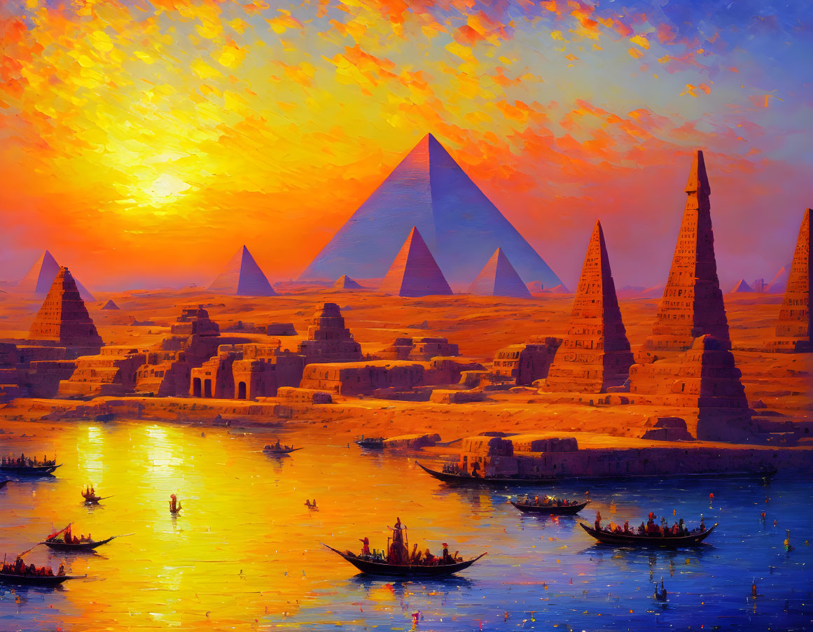 Colorful painting of Egyptian pyramids, Nile River boats, and fiery sunset sky