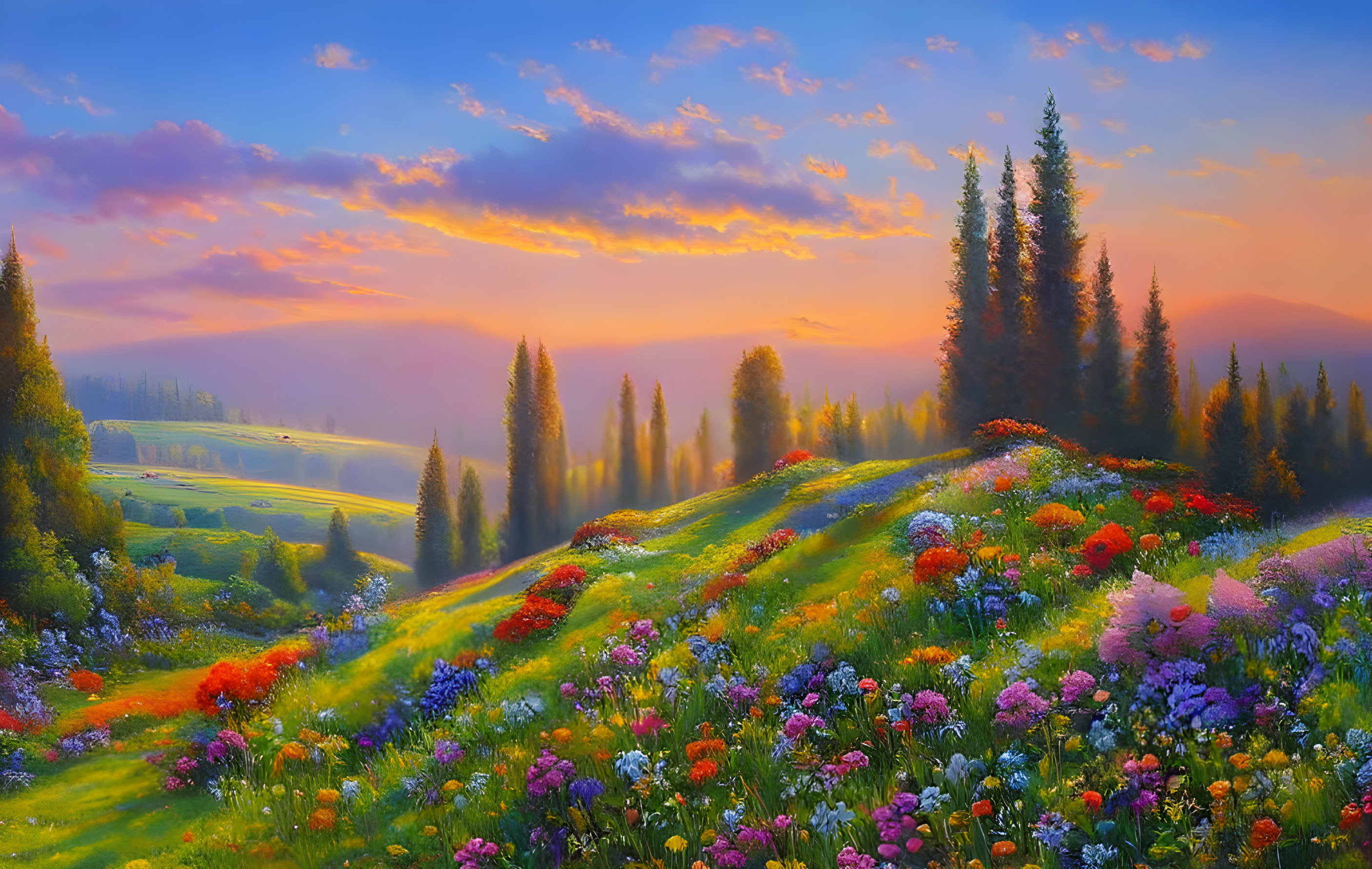 Scenic sunset landscape painting with wildflowers and pine trees