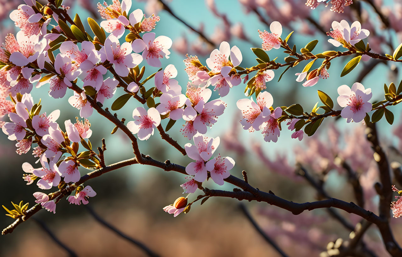 Vibrant pink cherry blossoms on branches with soft-focus backdrop