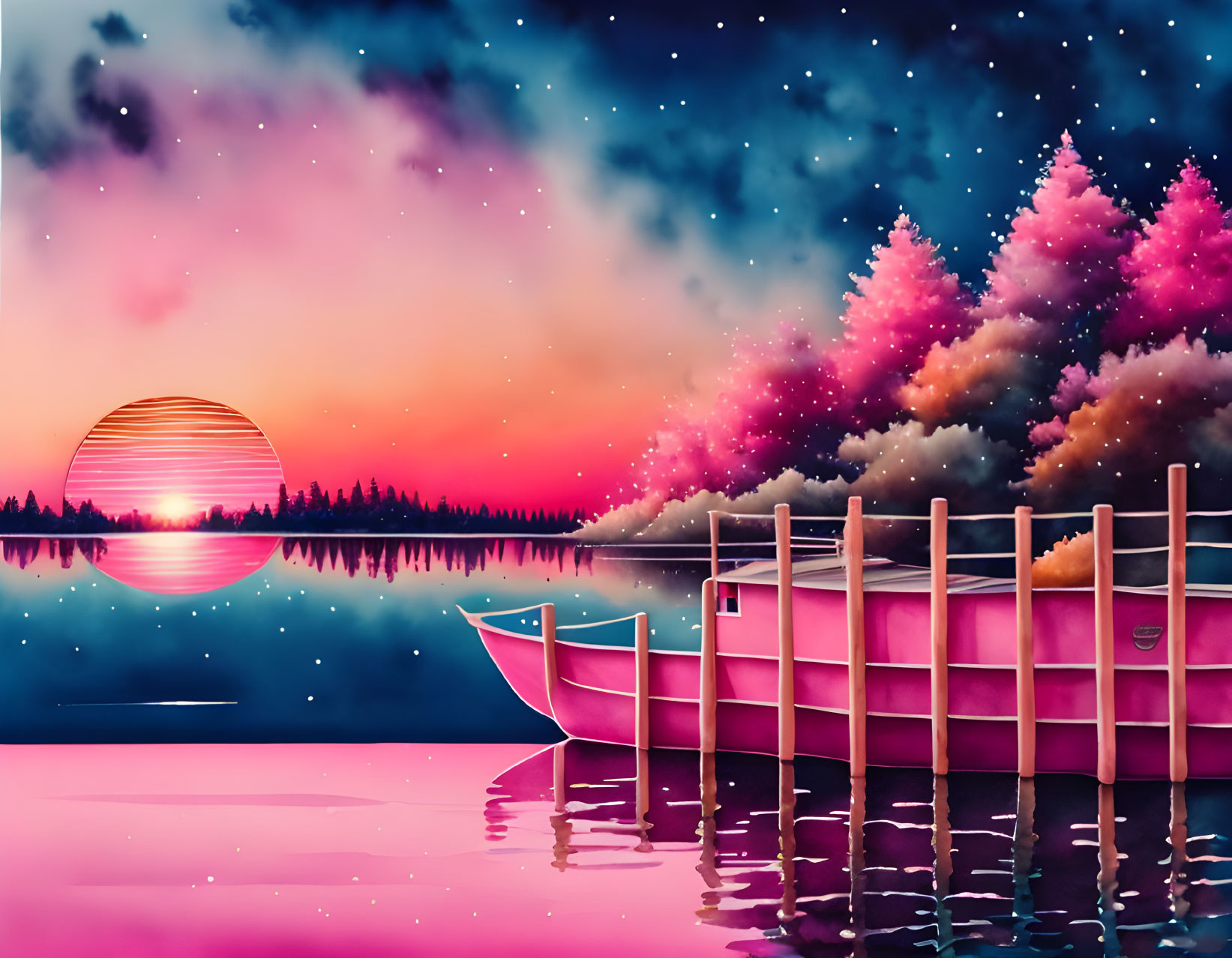 Surreal sunset digital artwork with pink lake, boat silhouette, trees, and starry sky.