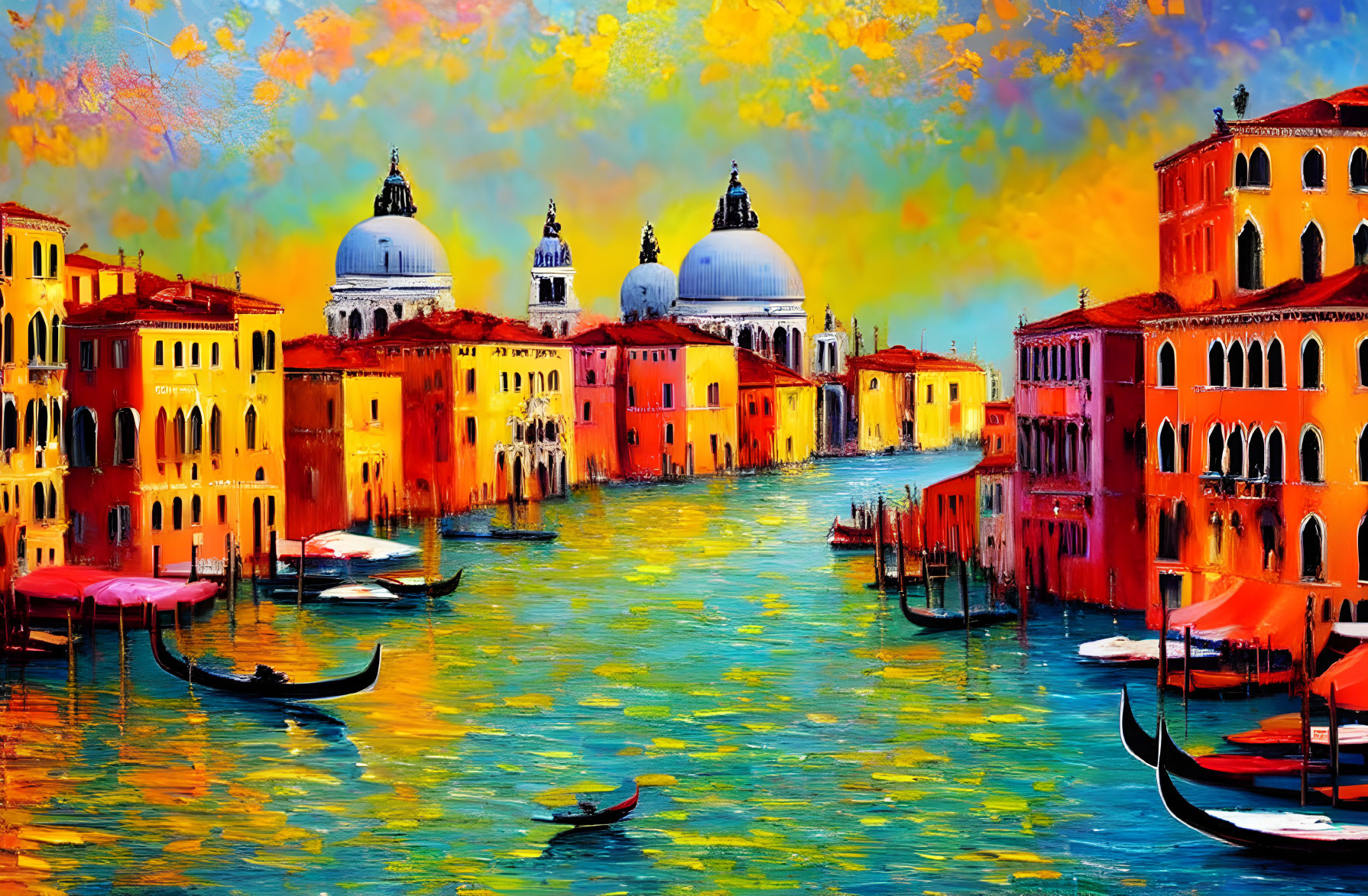 Impressionist-style painting of colorful Venice canal at sunset