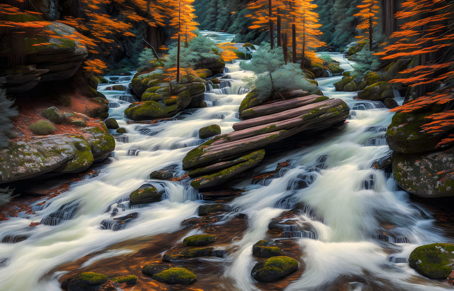 Tranquil river scene with autumn foliage, rushing waters, moss-covered rocks, and towering trees.