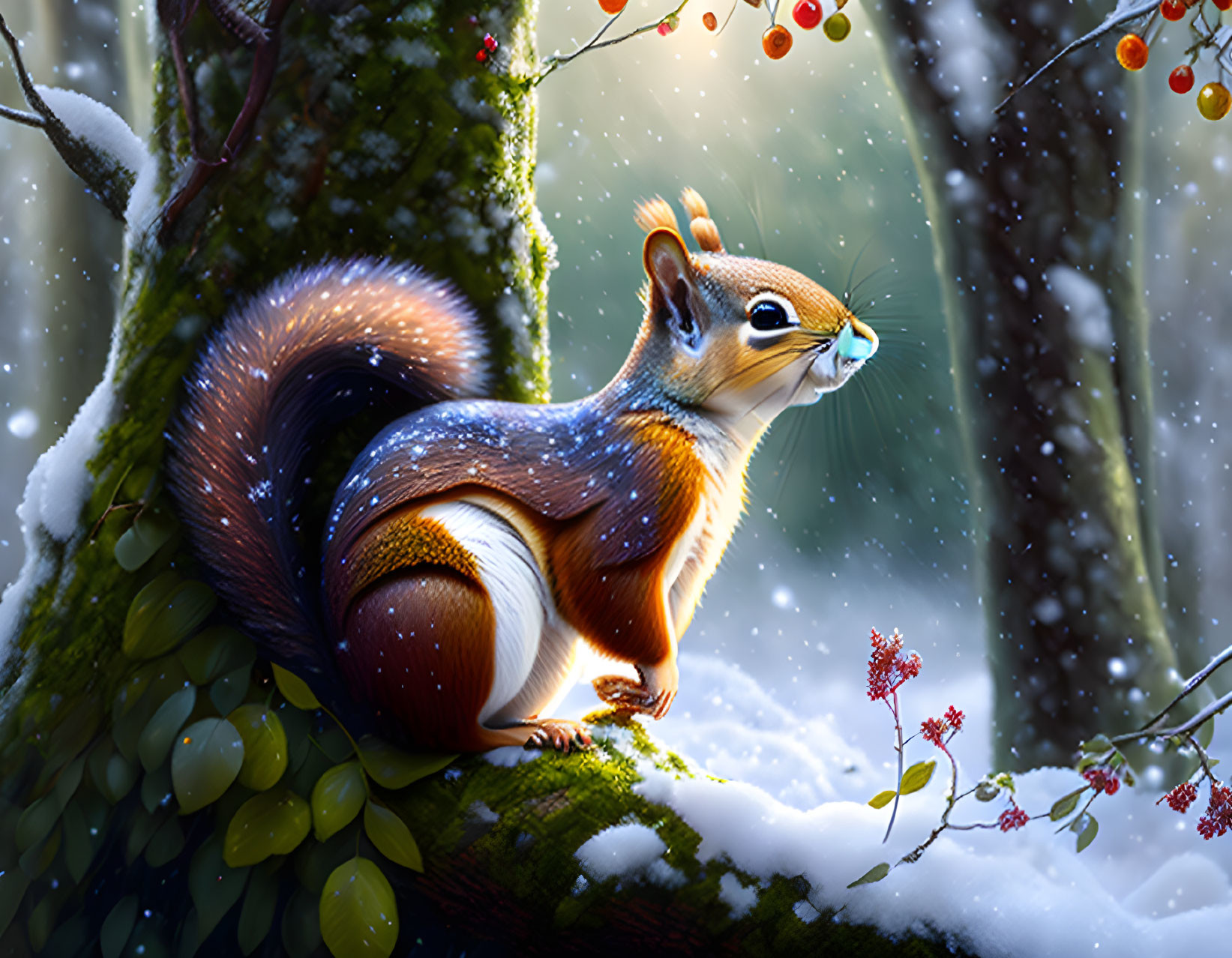 Detailed Illustration: Squirrel on Snowy Tree Branch with Berries