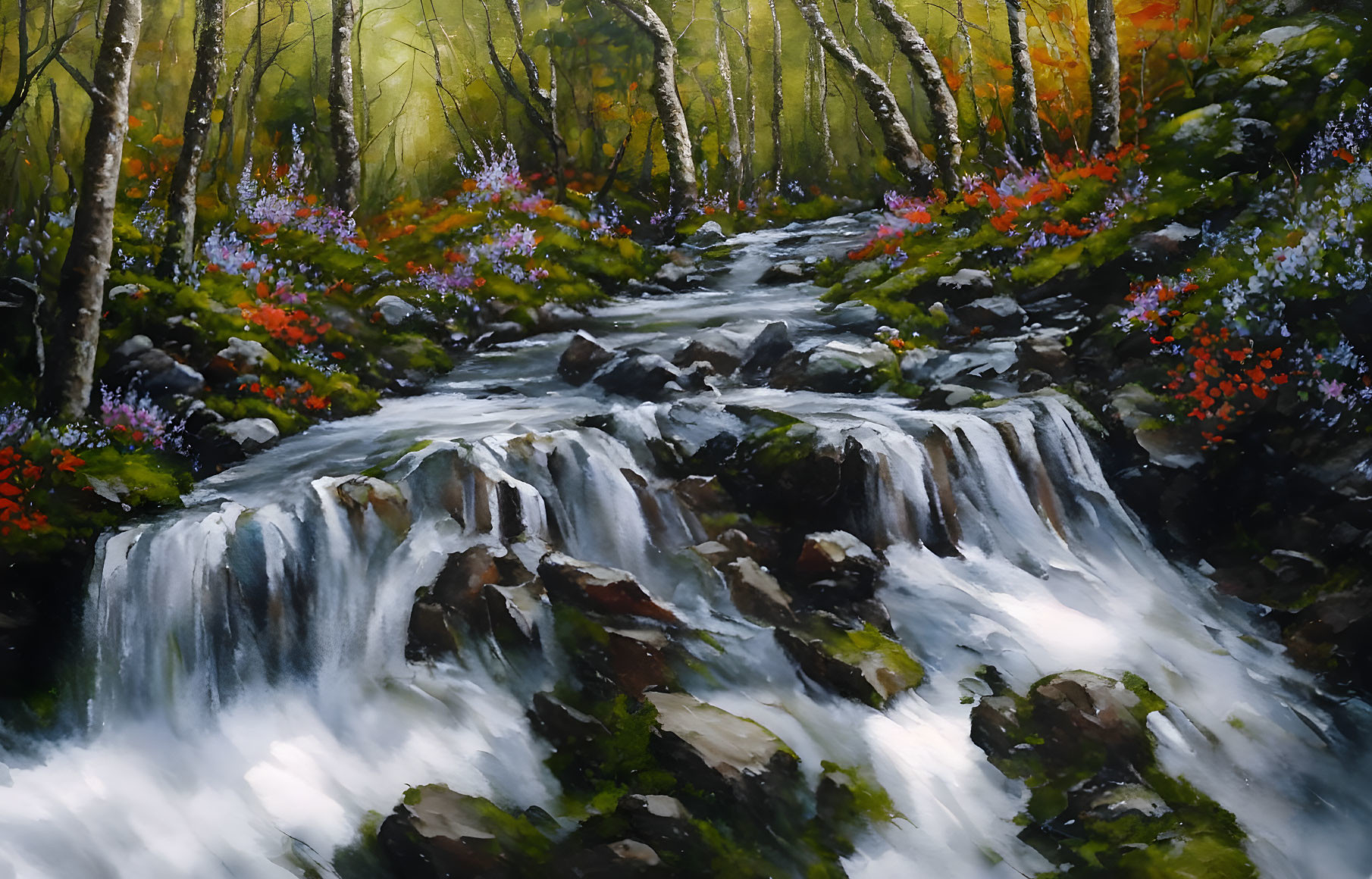 Tranquil waterfall scene with lush forest surroundings