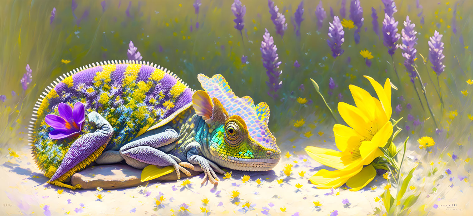 Colorful chameleon camouflaged among purple and yellow flowers in whimsical artwork