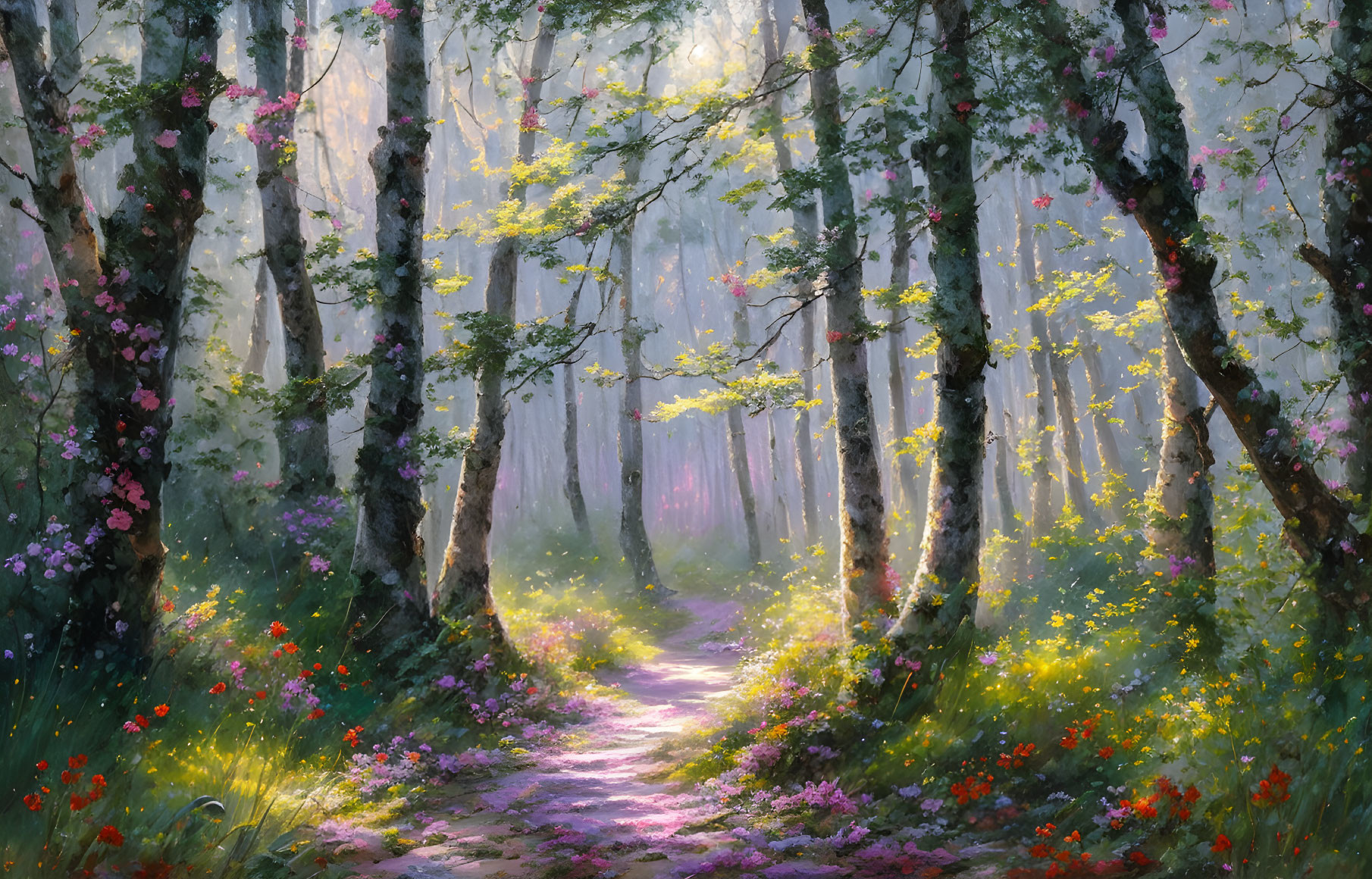 Tranquil forest path with blossoming flowers and mist-filtered sunlight