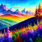 Colorful Meadow and Snow-Capped Mountains Scene