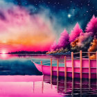 Surreal sunset digital artwork with pink lake, boat silhouette, trees, and starry sky.