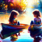 Children in colorful boat surrounded by vibrant flora and calm waters.