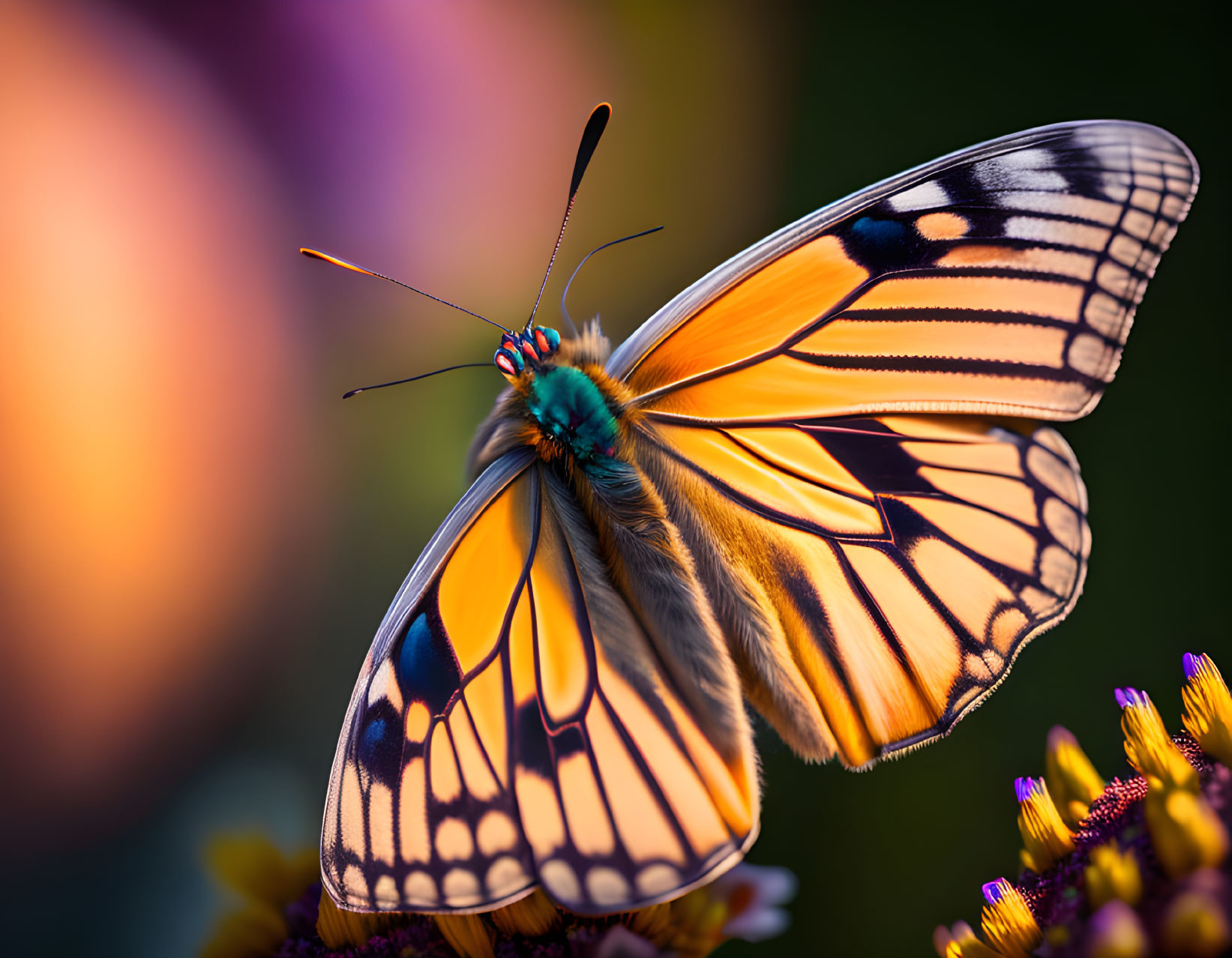 Colorful Butterfly on Purple and Yellow Flowers with Soft-focus Background
