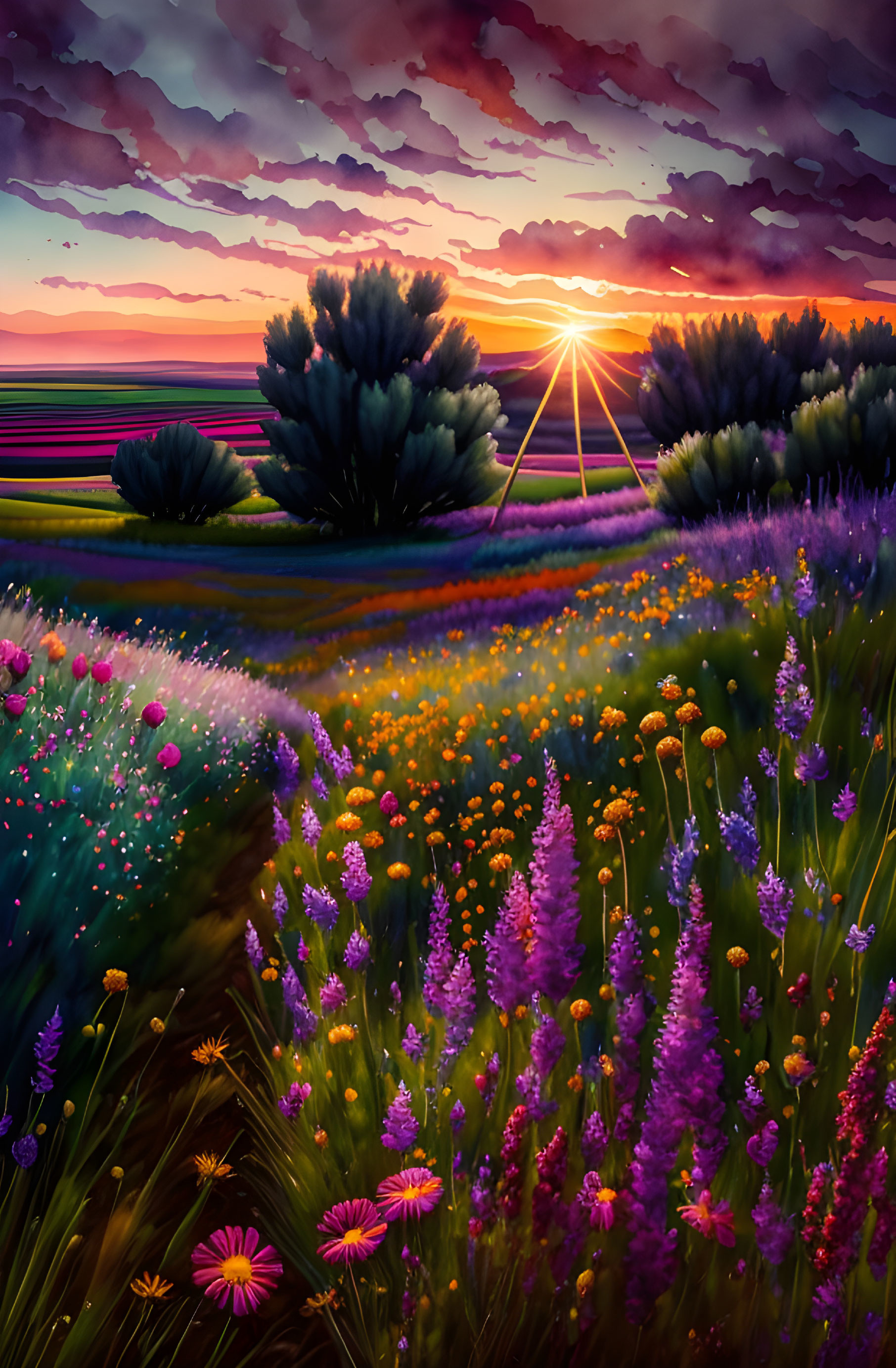 Colorful blooming flowers in layered fields under a dramatic sunset sky