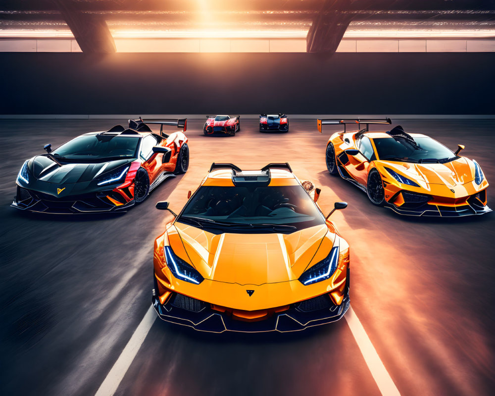 Five Luxury Sports Cars in Predominant Orange Theme Inside Modern Garage