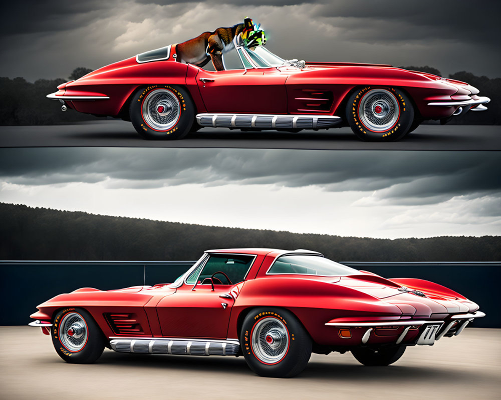Vintage Red Corvette with Dog in Sunglasses and Without in Separate Images