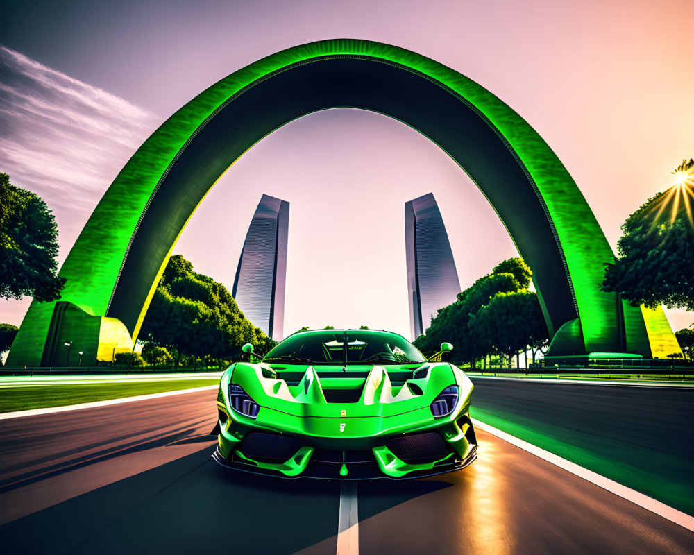Vibrant green sports car on road with green arch structure at sunset