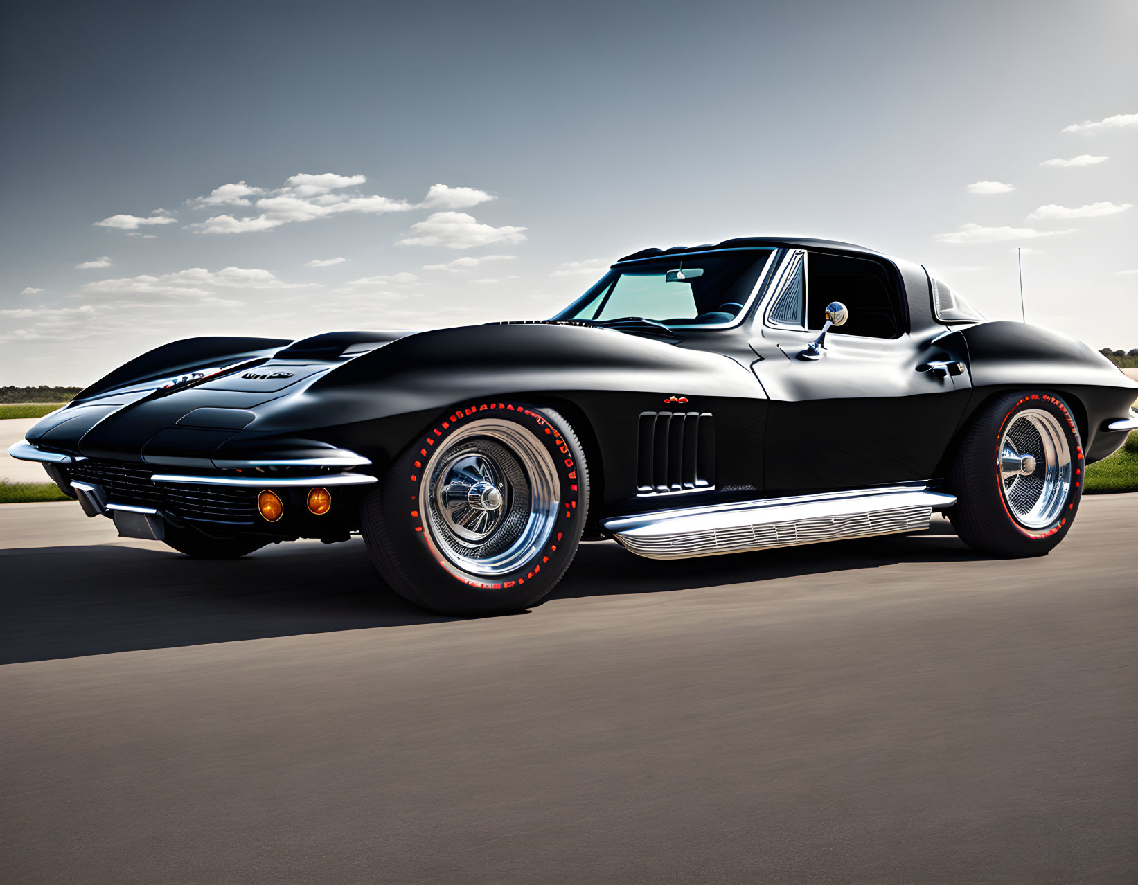 Vintage Black Chevrolet Corvette Stingray on Road with Clear Skies