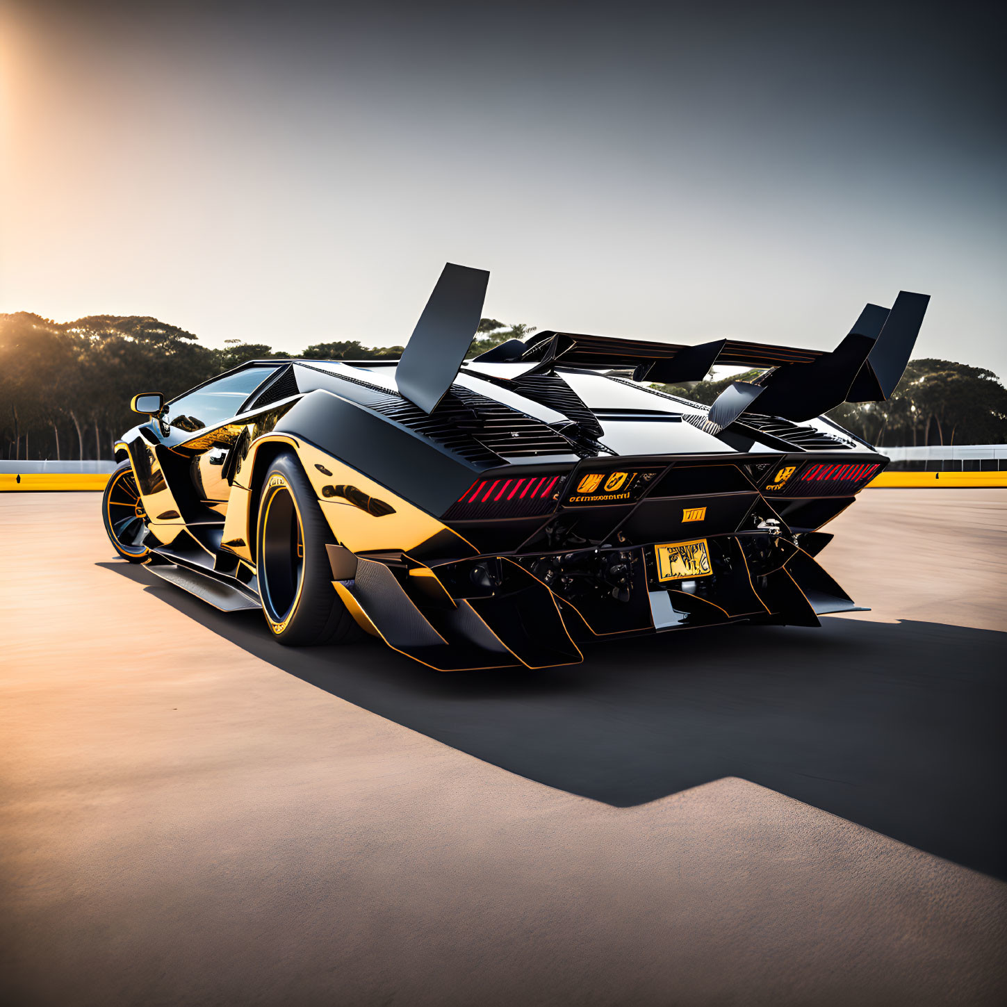 Black and Gold Sports Car with Large Rear Wing Parked on Asphalt at Sunset