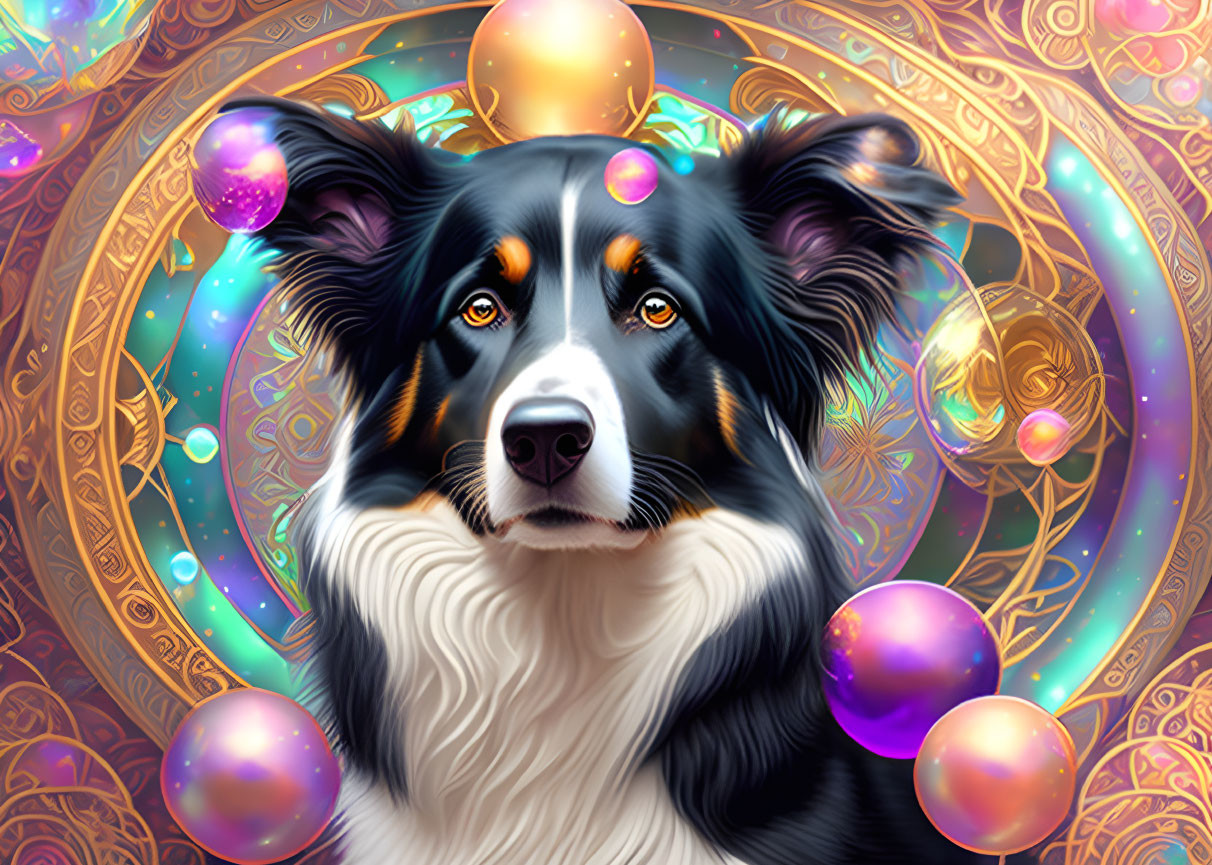 Colorful Border Collie digital illustration with luminous eyes and intricate mandala patterns