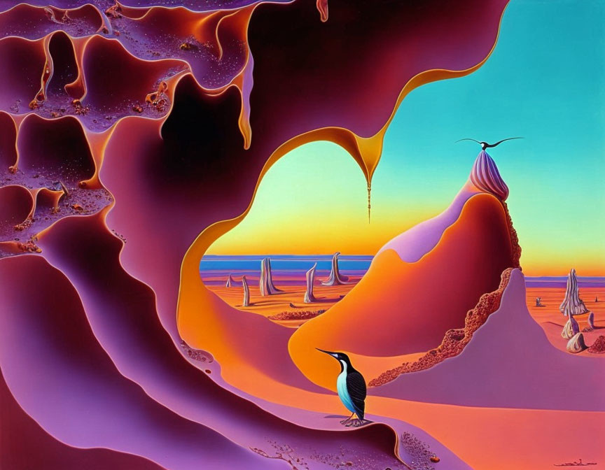 Colorful surreal landscape with bird and figure in robe at dawn or dusk