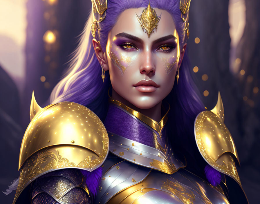 Fantasy female warrior portrait with purple hair and golden armor in mystical forest