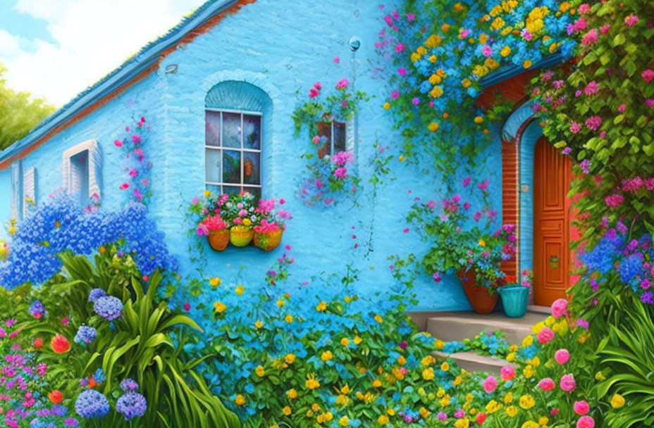 Colorful Flower-Filled Blue Cottage with Orange Door