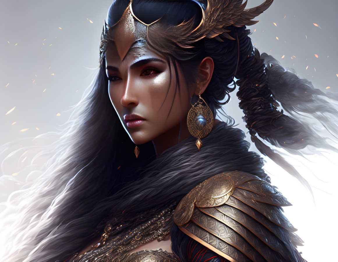 Female warrior digital artwork with intricate armor and feathered helmet against glowing backdrop.