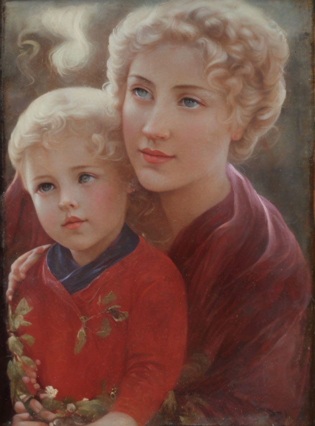 Portrait of young woman and child with blonde curly hair and blue eyes in red attire.