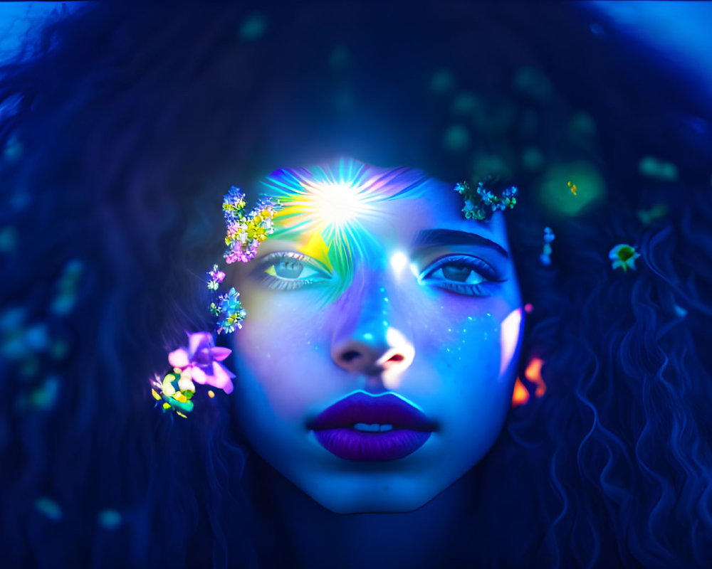 Colorful digital portrait of woman with glowing flowers and glitter, featuring bright eye light.
