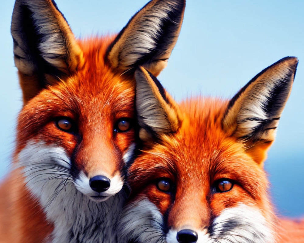 Two red foxes in close proximity against a blue background