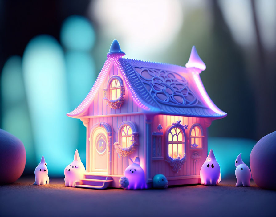 Miniature illuminated house with cute ghost figures under twilight sky
