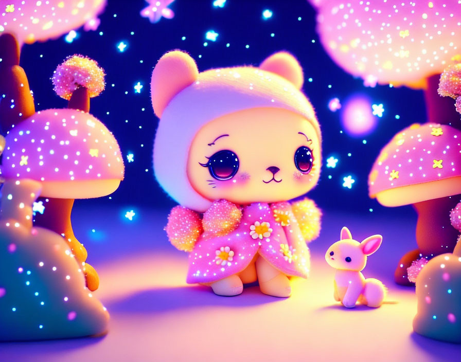 Stylized kitten character in pink outfit with glowing mushrooms and stars