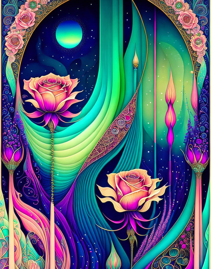 Colorful psychedelic art: roses, cosmic elements, and flowing lines
